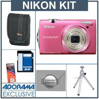 Nikon Coolpix S5100 Digital Camera Kit - Pink - with 8GB SD Memory Card, Camera Case, Table Top Tripod, Spare Rechargeable Li-ion Battery EN-EL10, 2 Year Extended Service Coverage