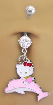 Riding a Dolphin Hello Kitty Dangle Belly Navel body jewelry piercing bar Ring