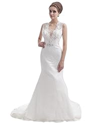 V-neck Floor Length Natural   Waistline Lace Keyhole Mermaid  Dress with a Cathedral Train 