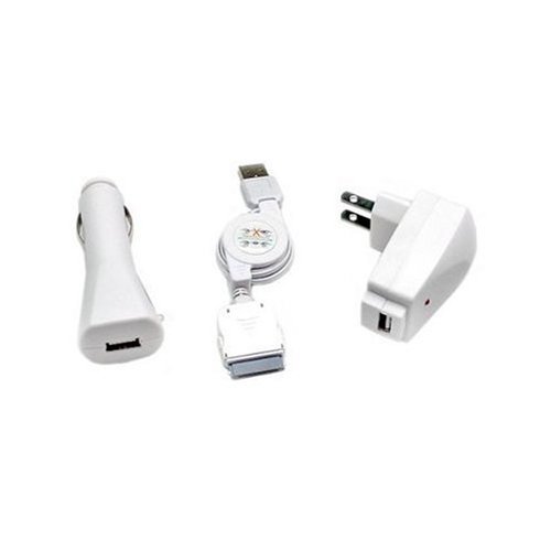Inspiretech Universal Apple iPod USB Charger Kit - Retractable Sync Cable - USB Wall Charger - USB Cigarette Lighter Charger - for iPod Classic, iPhone, iPod Touch, iPod Nano, & All iPods w/ Dock Connector