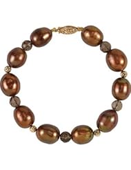 14K Yellow Gold Genuine Smoky Quartz And Freshwater Chocolate Cultured Pearl 7.5 Inch Bracelet