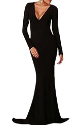 Sexy V-neck Polyester/Spandex Mermaid Long Sleeves Stretchy Ruched Backless Cocktail Fall Evening Dress 