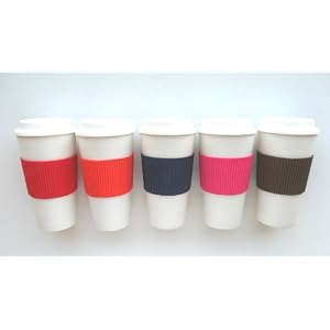 Travel Coffee Tea Mug Plastic 15oz Set of 3 Assorted Colors with Silicone Sleeve - Eco Friendly & Re-usable