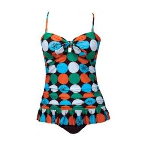 Marina West 2pc Long Ruffle Tankini Bikini Bra Straps, Multi Dot Brown by Marina West
