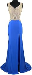 Sexy V-neck Floor Length Sleeveless Beaded Slit  Sheer Jersey Evening Dress/Prom Dress/Party Dress/Wedding Dress  With Rhinestones