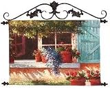 Windowsill Flower Pots Hand Painted Canvas Wall Art with Metal Wall Medallion (42.5x34 inches)