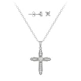 Sterling Silver Pave CZ Cross Pendant & Square Stud Earrings Set