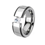 High Polished Titanium Ring With Black Edges and Princess Cut Cubic Zirconia