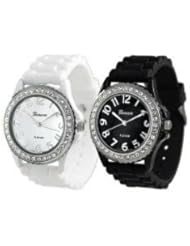 Womens TWO Black & White Silicone Watch w/ Crystal Rhinestones Bezel