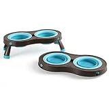 Portable/Collapsible Dual Food and Water Travel Dish Set for Pets - Small, Brown/Blue