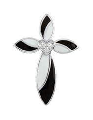 14K White Gold 32.58X23.18 mm Black And White Gold Enamel Diamond Cross