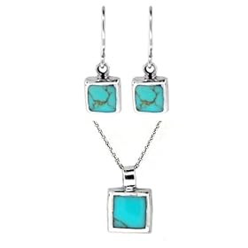 Click here to buy Sterling Silver Turquoise Inlay Square Drop Earrings and Matching Pendant Set, 16 by Amazon.com Collection.