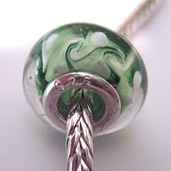Murano Style Glass Lampwork 925 Bead Fits Pandora Green with Lt Green Swirl and White Dots, 14mm (3)