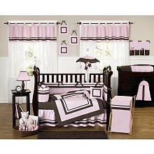 Pink and Brown Hotel Modern Baby Bedding 9pc Crib Set