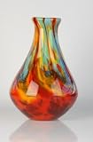 Murano Design Mouth Blown Yellow Dripping Over Red Flask Shape Glass Vase 2170