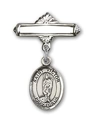 Sterling Silver Baby Badge with St. Victor of Marseilles Charm and Polished Badge Pin