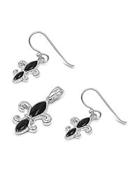 Sterling Silver Onyx Fleur De Lis Earring & Necklace Set
