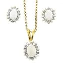 Sterling Silver Two Tone Genuine Opal and Diamond Pendant and Earring Set