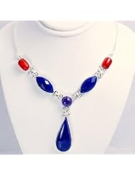 Seductive Blue Sterling Silver Lapis Lazuli, Amethyst, Coral Y-shape Necklace