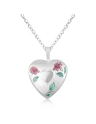 Heart Locket Pendant Necklace Colored Flowers Sterling Silver