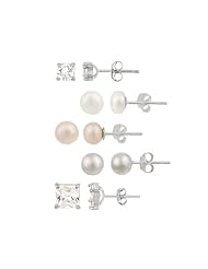 Sterling Silver Ball Stud, Round and Square Cubic Zirconia Studs, White and Pink Freshwater Cultured Pearl Studs, Set of 5 Earrings