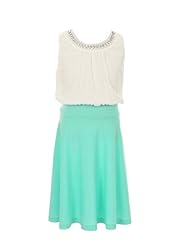 Girls Elasticized   Waistline Tea Length Chiffon/Jersey Two-Toned  Lace  Dress With Rhinestones