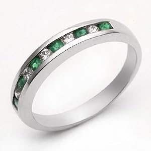 14k White Gold Emerald and Diamond Channel Set Wedding Band Ring Size 6.5