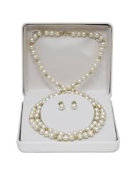 5-6mm White Freshwater Pearl and 14K Yellow Gold Bead Necklace, Bracelet, And Stud Dangle Earring Set with 14K Yellow Gold Clasp SET-136Y in Gift Box