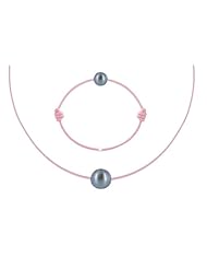Les Poulettes Jewels - Necklace and Bracelet Set Dark Grey Pearl 8-9 mm with Pink Wax Cord