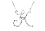 Cubic Zirconia Letter K Script Initial Pendant : .925 Sterling Silver - 0.15 CT TGW