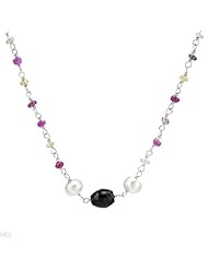 Sterling Silver Pearl and 9.09 CTW Sapphires Ladies Necklace. Length 18.5 in. Total Item weight 3.9 g.