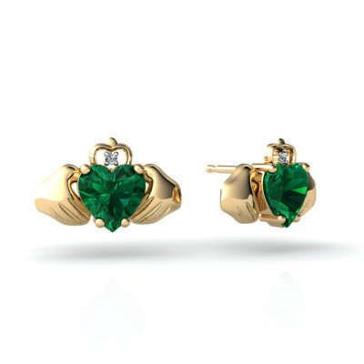 14K Yellow Gold Heart Created Emerald and Diamond Celtic Claddagh Earrings