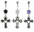 DANGLING HEART GEM CROSS BELLY RING BNACRS16TZ- TANZANITE