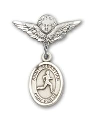 Sterling Silver Baby Badge with St. Sebastian/Track & Field Charm and Angel with Wings Badge Pin