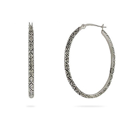 Eve's Addiction Bali Style Sterling Silver Oval Hoop Earrings