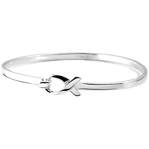 Sterling Silver Breast Cancer Awareness Inspirational Ribbon Bangle Bracelet 8in Diameter