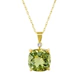 10k Yellow Gold Cushion Cut Green Quartz and Diamond Pendant, 18
