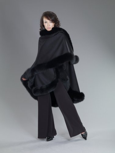 Cashmere Wool Fox Trim Wrap Cape