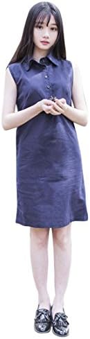 ArtCar Women's Elegant Solid Sleeveless Dress Turn Down Collar Button Design Dresses Blue L