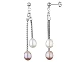 Freshwater Pink and White Pearl Dangling Earrings (7.5mm) in Sterling Silver