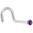Solid 14KT White Gold 2mm Genuine Amethyst Right Nostril Screw - 20 Gauge