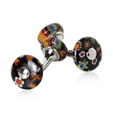 Black Millefiore Floral Glass Double-Sided Silver Cufflinks from Murano, Italy with Presentation Box