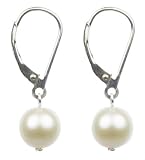 7.5 – 8.5 mm Round Freshwater White Pearl Lever Back Earrings, Sterling Silver Setting