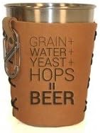 Oowee Branded Leather Cooler Sleeve with 16-Ounce Stainless Steel Cup and S-Biner Beer Ingredients Design Grain Yeast Hops