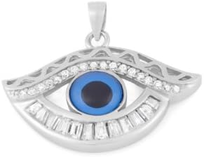 Dramatic Evil Eye Protective Pendant of Sterling Silver with White Baguette and Round Cubic Zirconia