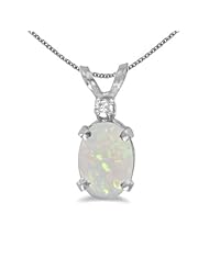 14k White Gold Oval Opal And Diamond Pendant plus 18" Chain