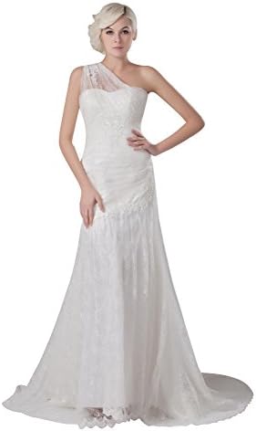 VogueZone009 Womens One Shoulder Sleeveless Satin Wedding Dress with Floral, White, 8