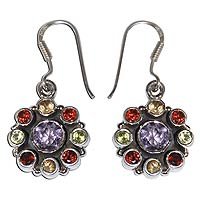Dangle Earings in Sterling Silver & Multi Gemstone Indian Style 1.25 inches (erg036)