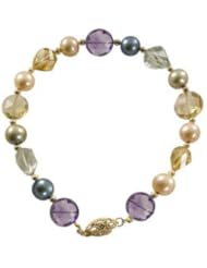 7.5" 14K 7-7.5mm dyed blue, champagne, and green freshwater cultured pearl & multi-stone bracelet with amethyst, citrine, and whiskey quartz.
