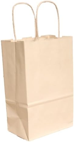 250 White Kraft Shopping Bag with Twisted Paper Handle, 5-1/2" x 3-1/4" x 8-3/8" Tall. Made in U.S.A. with 100% U.S.A. materials.